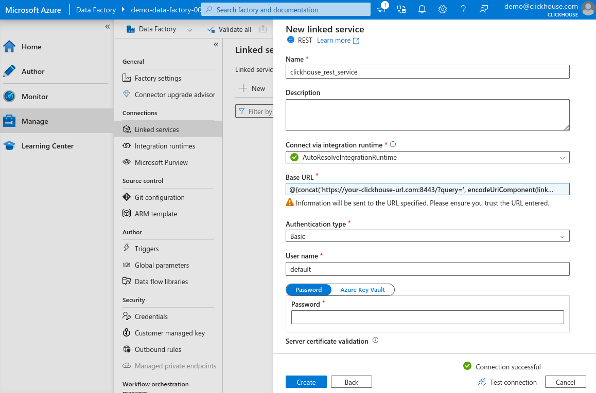 새 Linked Service 연결 테스트