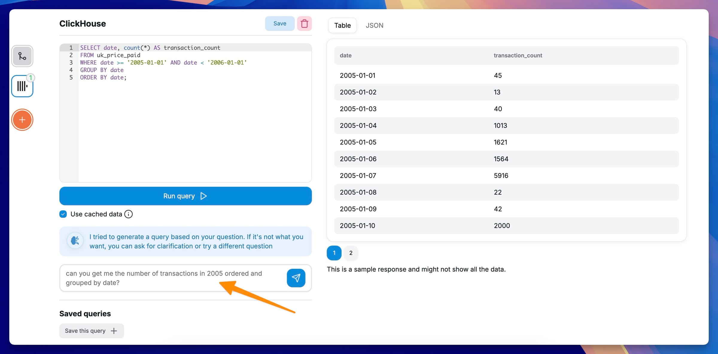 Chartbrew에서 ClickHouse AI SQL assistant 사용 화면