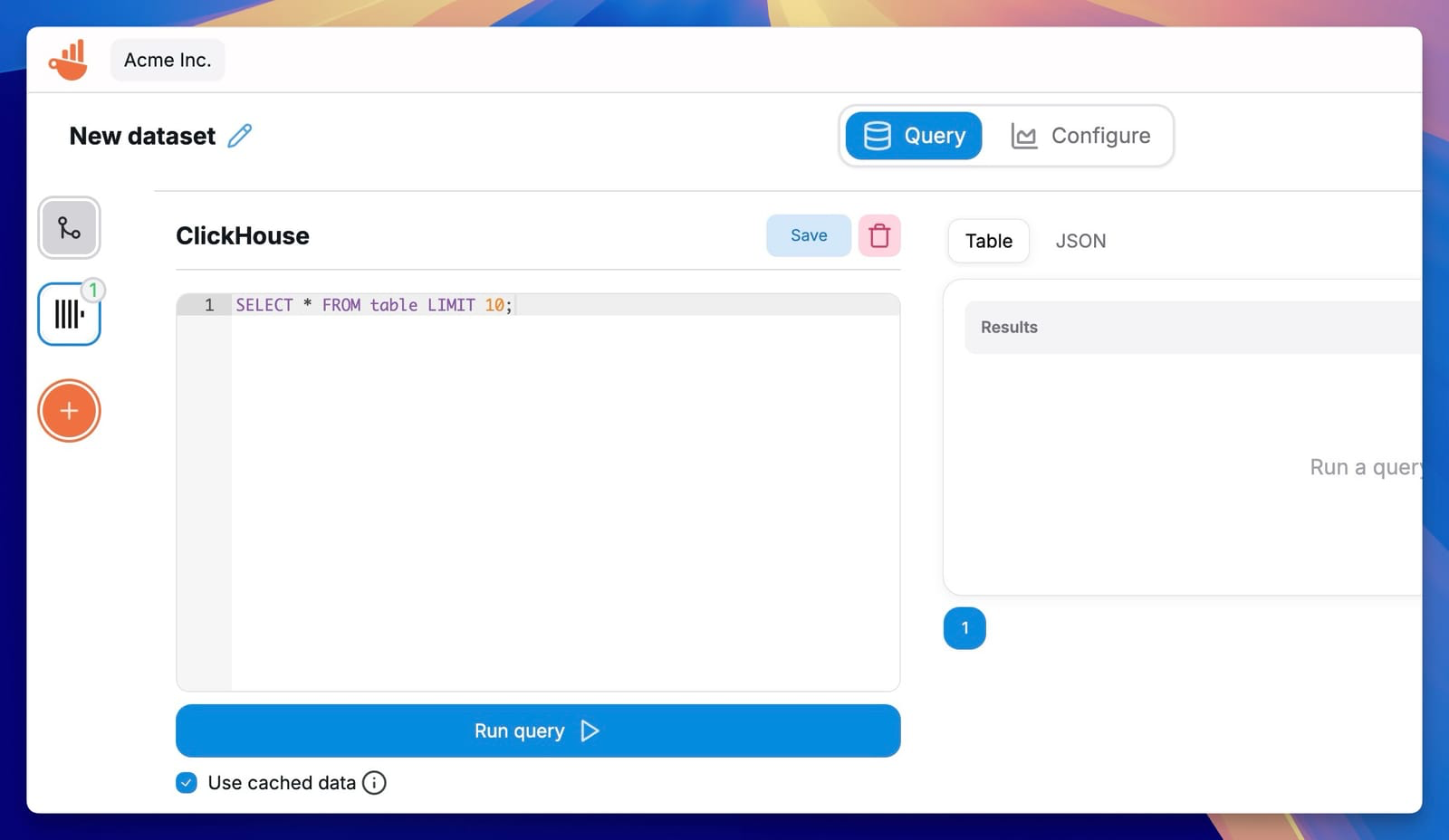 Chartbrew에서 ClickHouse SQL 쿼리 실행 화면