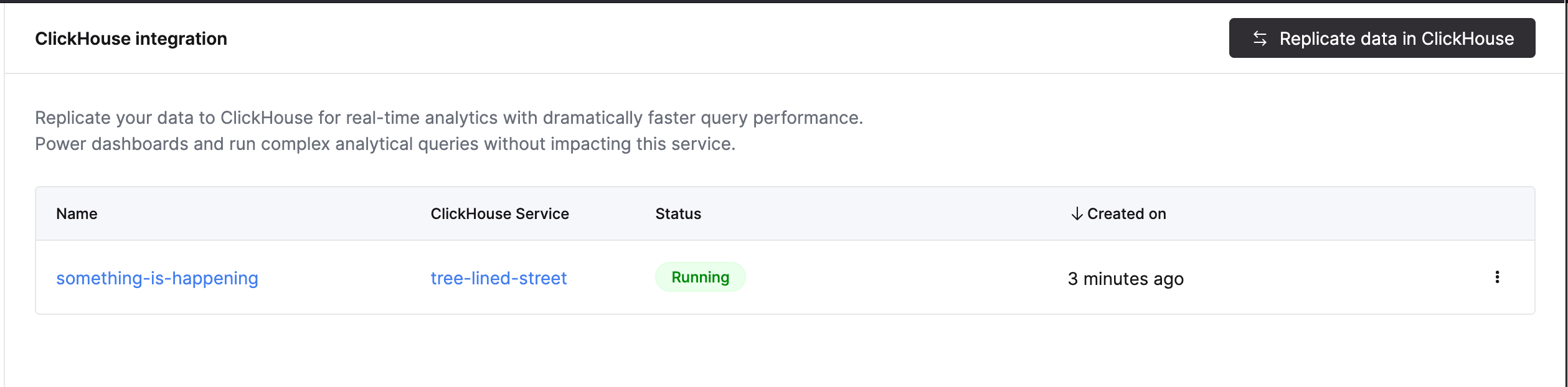 대상 서비스와 상태가 표시된 실행 중인 ClickPipe가 있는 ClickHouse 통합 목록
