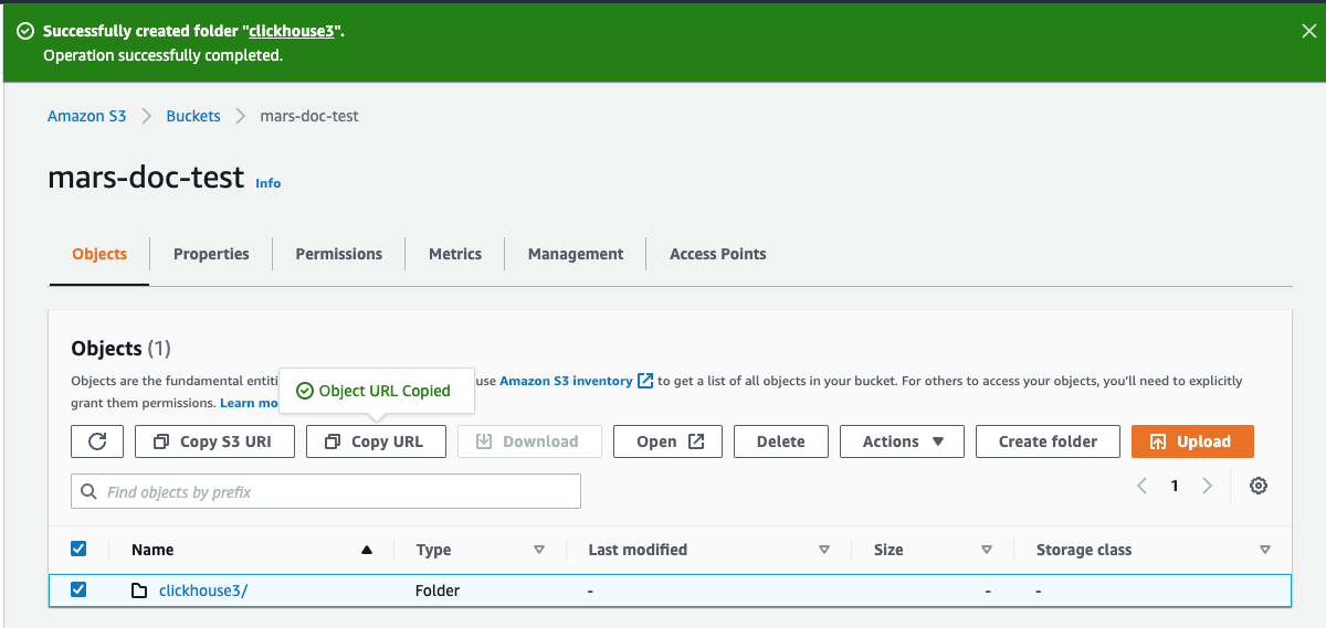 ClickHouse 구성을 위한 S3 폴더 URL 복사