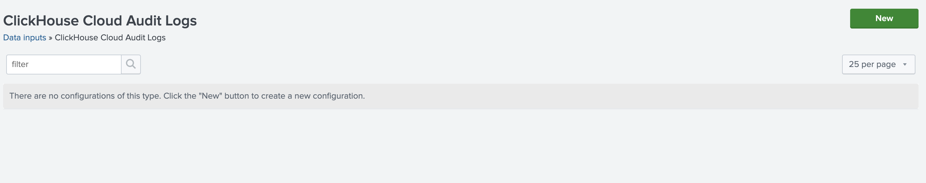 ClickHouse Cloud Audit Logs 옵션이 표시된 Splunk Data inputs 페이지